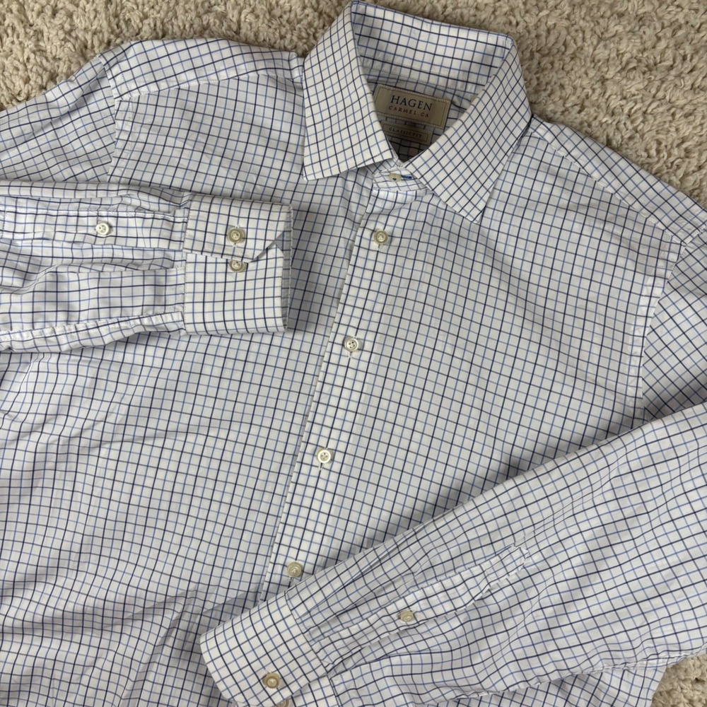 Hagen‎ Mens Dress Shirt 15.5 32/33 White Blue Tattersall Classic Fit Minimalist